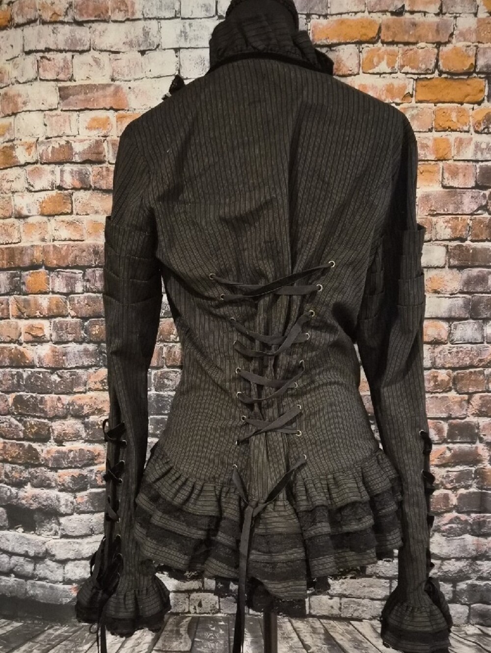 Black Steampunk Pinstripe Ruffled Zip Front Jacket - Picture 10 of 10